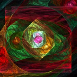 Dynamic Connections abstract art featuring luminous fractal geometry with layered translucent shapes and flowing colors.