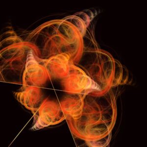 Lightworks abstract art fractal with glowing red and gold light spirals.