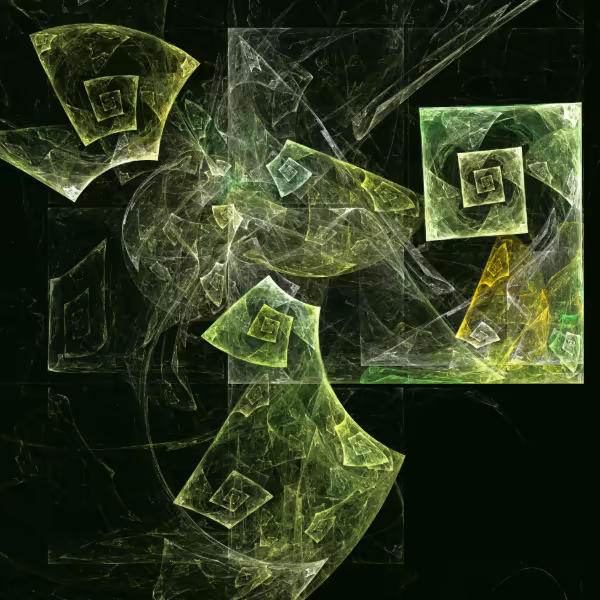 Twisted Balance fractal geometry with glowing green spirals and layered abstract forms on a dark background.