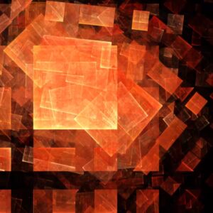 Abstract composition with layered geometric glow shapes and warm glowing light against a dark background.