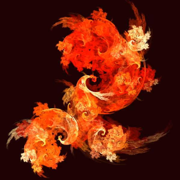 Dancing firebirds art formed by swirling fractal flames in red and gold.