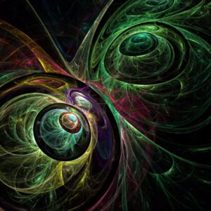 Modern fractal abstract art with glowing eye-like forms and swirling cosmic colors.