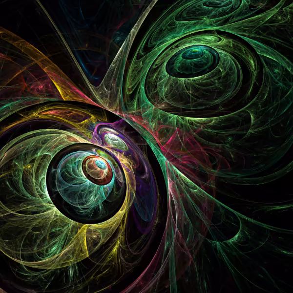 Modern fractal abstract art with glowing eye-like forms and swirling cosmic colors.