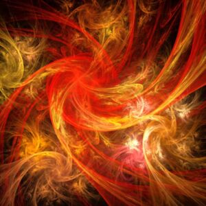 Firestorm modern abstract art with swirling red and gold energy in a fiery fractal design.