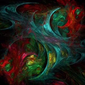 Living fractal universe with swirling cosmic waves of teal, red, green, and gold flowing like vibrant energy.