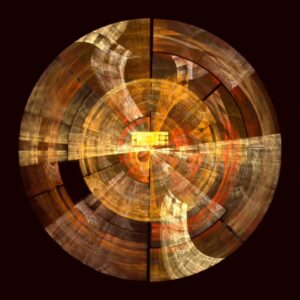 Integrity radial abstract art poster with layered circular geometry in warm gold and amber tones.