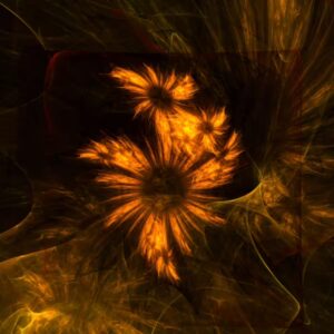 Mystique Garden golden abstract fractal art with glowing floral shapes.