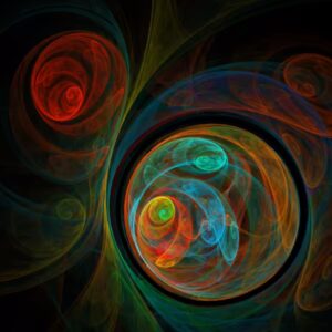 Modern cosmic abstract digital art featuring colorful spirals and swirling forms symbolizing rebirth, transformation, and galactic motion.